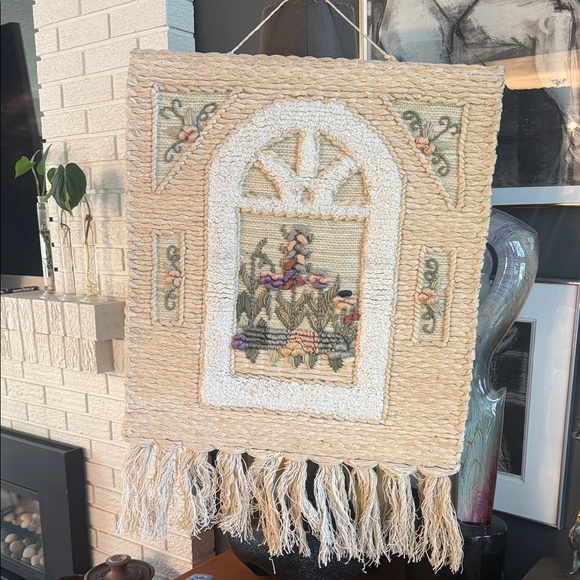 Handcrafted Floral Tapestry Wall Hanging - Cream and Green 26 x 24 - Picture 4 of 6